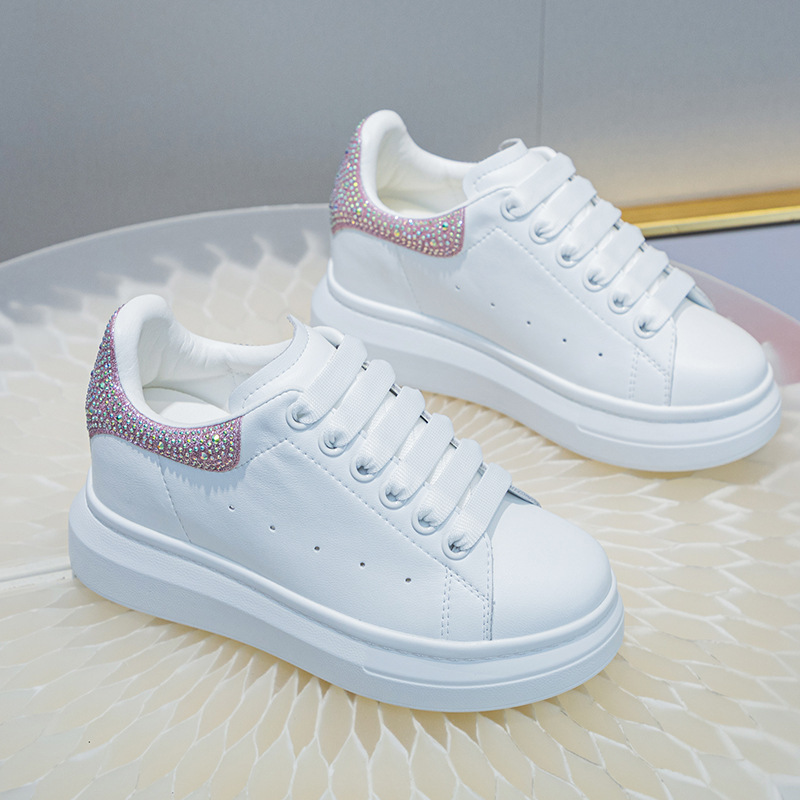 Genuine Leather Thick-Soled Height-Increasing Women's Shoes 2026 Spring Versatile Sports Casual Shoes Round-Toe Student Rhinestone White Shoes Genuine Leather Thick-Soled Height-Increasing Women's Shoes 2026 Spring Versatile Sports Casual Shoes Round-Toe Student Rhinestone White Shoes
