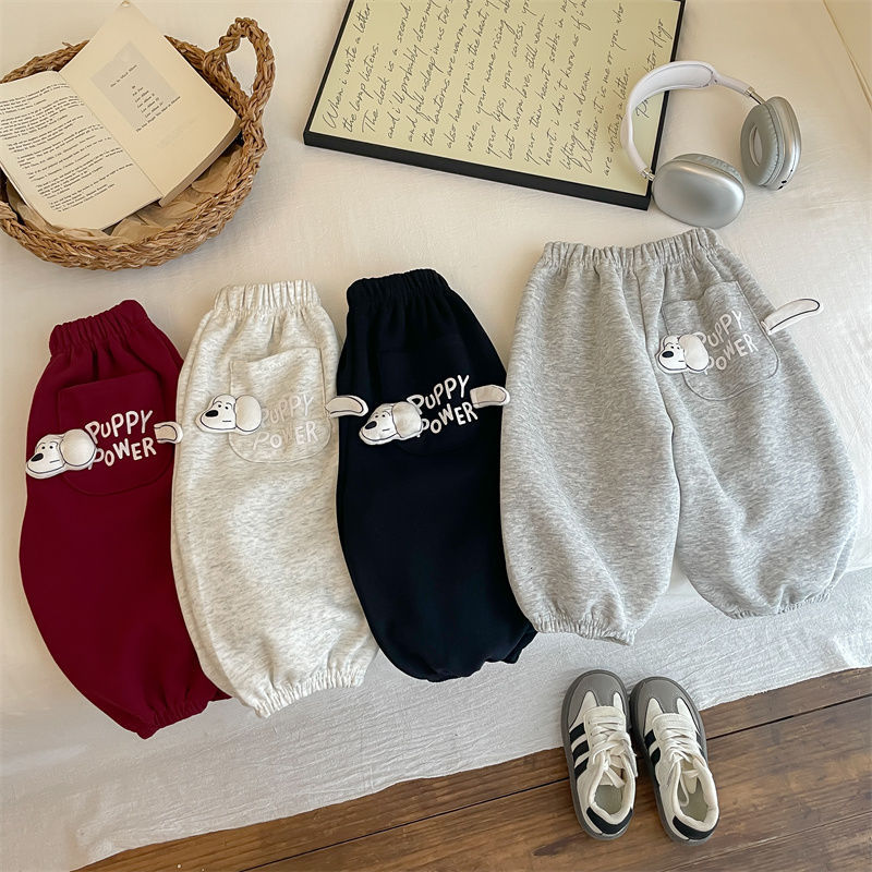 男女子供2025春秋新作可愛いファッション子犬ポケット衛ズボン秋冬スタイル洋気超萌えカジュアルズボン