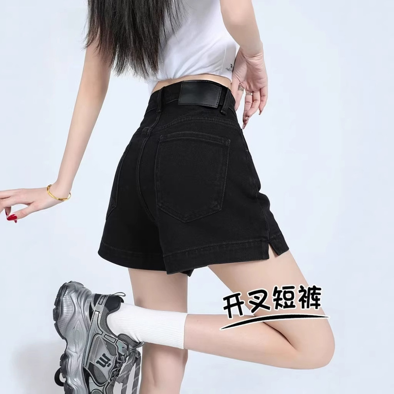 Black Slit Denim Shorts for Women 2026 Summer New High-Waisted Elastic Slimming A-Line Wide-Leg Pants Hot Girl Hot Pants