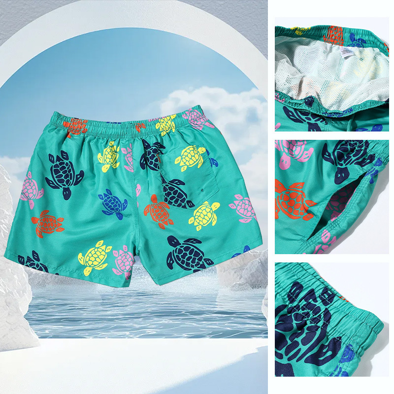Cross-Border Beach Shorts, Turtle Swim Trunks with Lining, Suitable for Water Activities, Vacation, Seaside Hot Springs, Three-Quarter Length, Beach Casual, Can Be Worn Outside