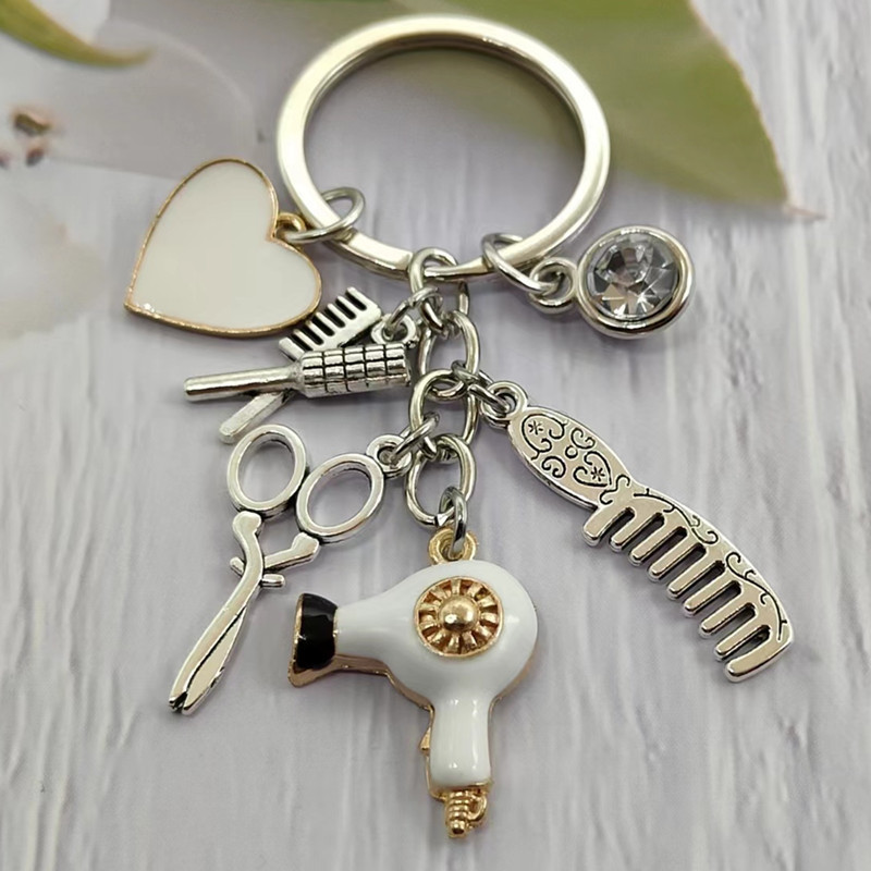 Hair Dryer Comb Scissors Gem Love Barber Professional Keychain Hairstyle Designer Key Chain