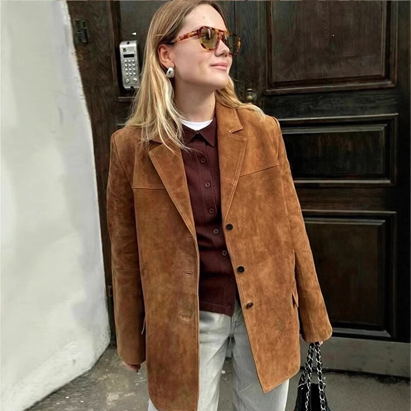 Source Factory Cross-Border European and American Style Retro Suede Jacket Spring and Autumn New Loose American-Style Blazer for Women Source Factory Cross-Border European and American Style Retro Suede Jacket Spring and Autumn New Loose American-Style Blazer for Women