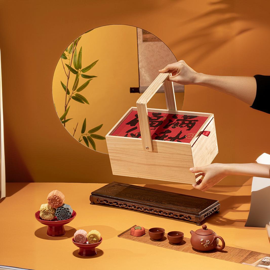 2024中秋礼盒空盒高档木质手提双层月饼盒中式糕点包装盒月饼盒子