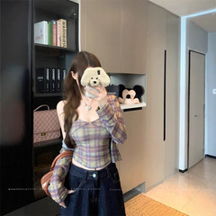 chic甜辣妹套装渐变色格子吊带背心女早秋短款长袖开衫上衣两件套