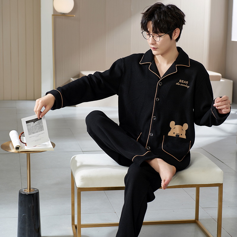 Pijamas de hombre Primavera y otoño solapa de manga larga Cardigan Youth algodón más tamaño suelto traje de uso doméstico se puede usar fuera