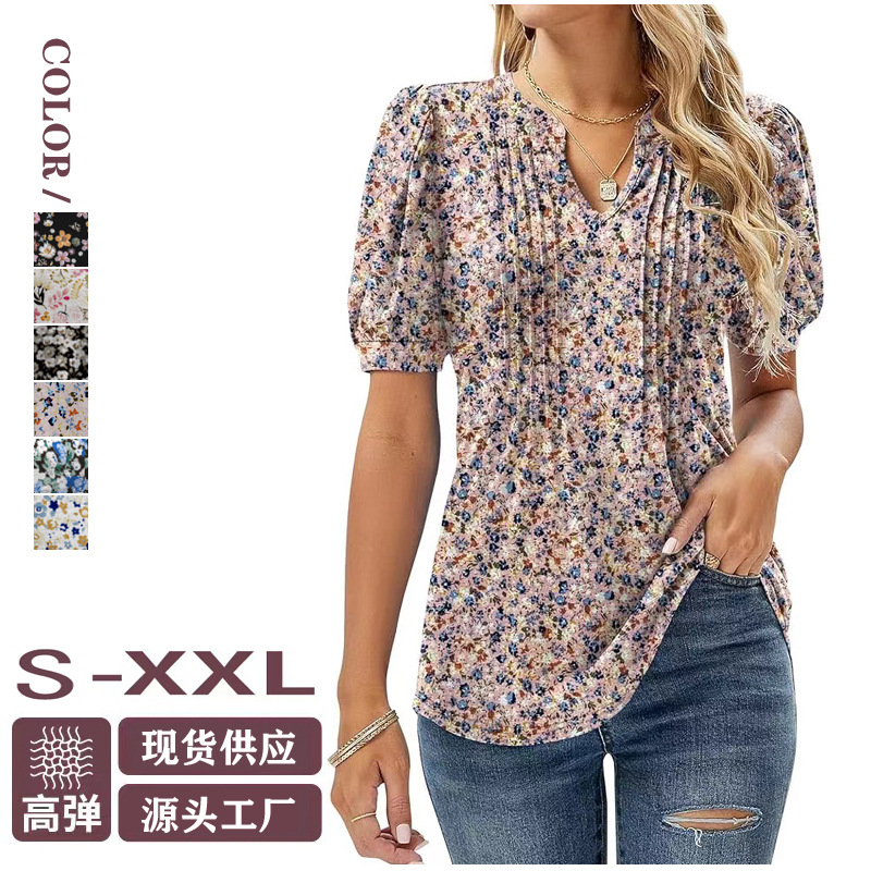 2025春季新款亚马逊速卖通独立站欧美女装 Ｖ领压褶印花短袖T恤女