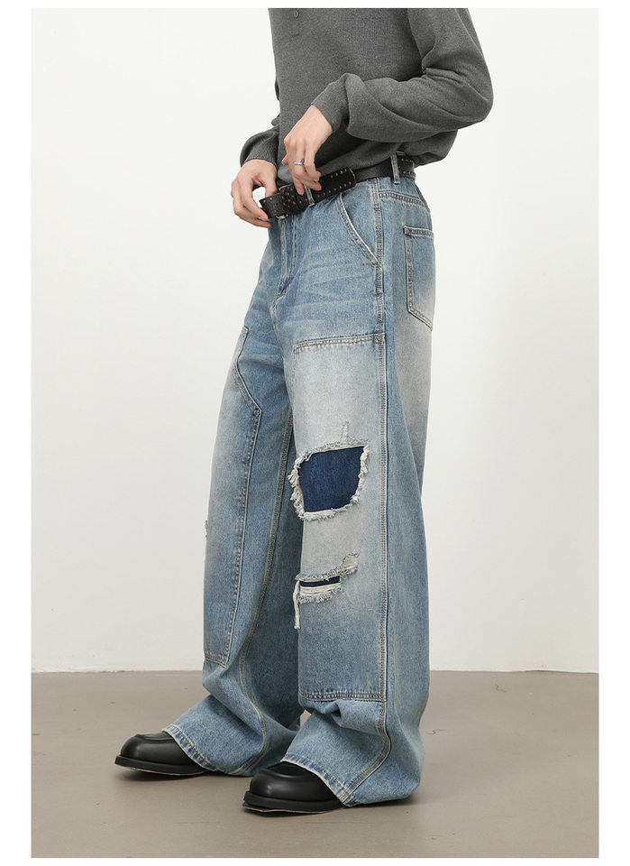 Quần jeans nam dáng rộng ống đứng phong cách Mỹ, wash xước rách phối vải — màu xanh chi tiết 12