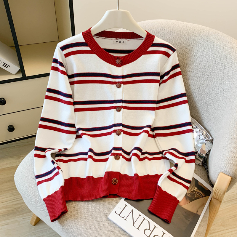 Actual Shot of Large Quantities of 2025 Autumn New Korean Style Design Round Neck Contrasting Stripesd Cardigan Knitwear for Women