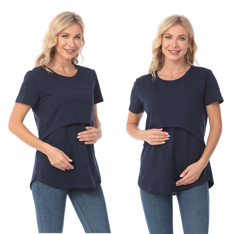 ゆるいアーチ型デザイン哺乳服外出ファッション辛い母親妊婦半袖tシャツ授乳服欧米大サイズ女装|undefined