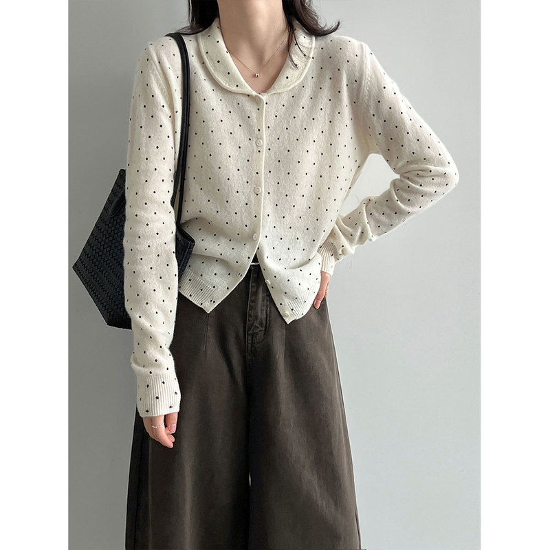 Luxi 100% Sheep Wool Doll Collar Polka Dot Knit Sweater for Women, Autumn 2026 Versatile Cardigan Top ss1076 Luxi 100% Sheep Wool Doll Collar Polka Dot Knit Sweater for Women, Autumn 2026 Versatile Cardigan Top ss1076