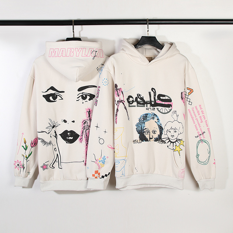 Sudadera con capucha estilo retro con diseño de nicho de personajes de grafiti pintados a mano de calle principal estadounidense, suéter con capucha antiguo de marca de moda_voghion.com