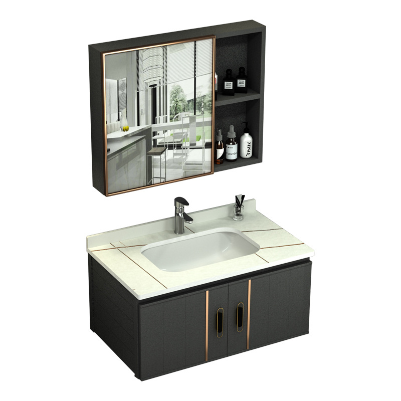 Shiqi Placa de roca espacio gabinete de baño de aluminio combinación de baño lavabo gabinete mesa de lavado espejo Gabinete integrado lavabo gabinete