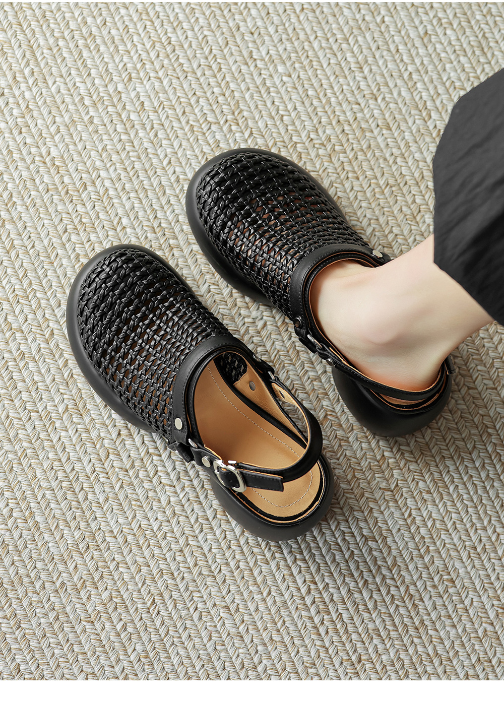 Sandal cao gót nữ mũi hở đế dày gót 6 cm phong cách dệt — đen chi tiết 7