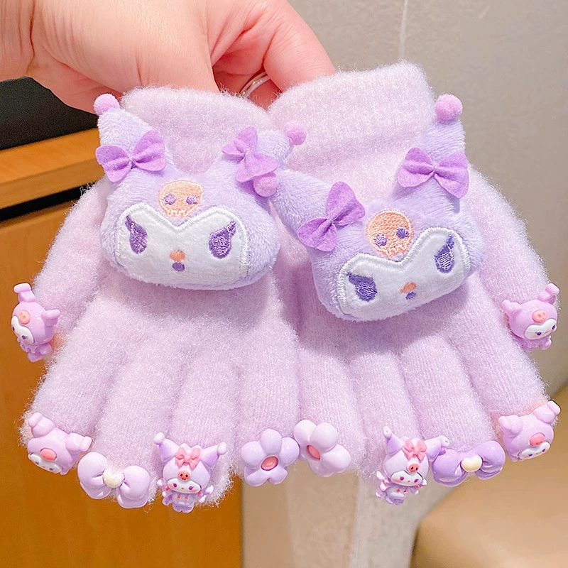 Игрушечные перчатки Sanrio для детей 2024 зима, новые для девочек Kuromi, пять пальцев, с бархатом, чтобы сохранять тепло и защищать пальцы