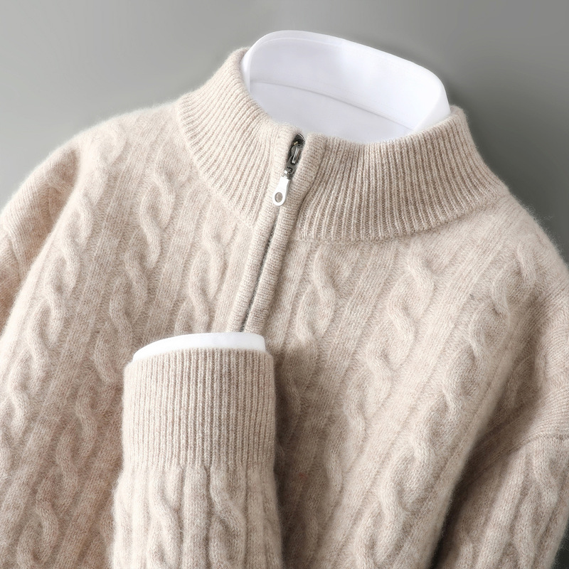 New autumn and winter collection: men's pure wool sweater with a half-high collar, zipper, double-strand knit, thickened, twisted pattern, long sleeves, and a pullover design New autumn and winter collection: men's pure wool sweater with a half-high collar, zipper, double-strand knit, thickened, twisted pattern, long sleeves, and a pullover design