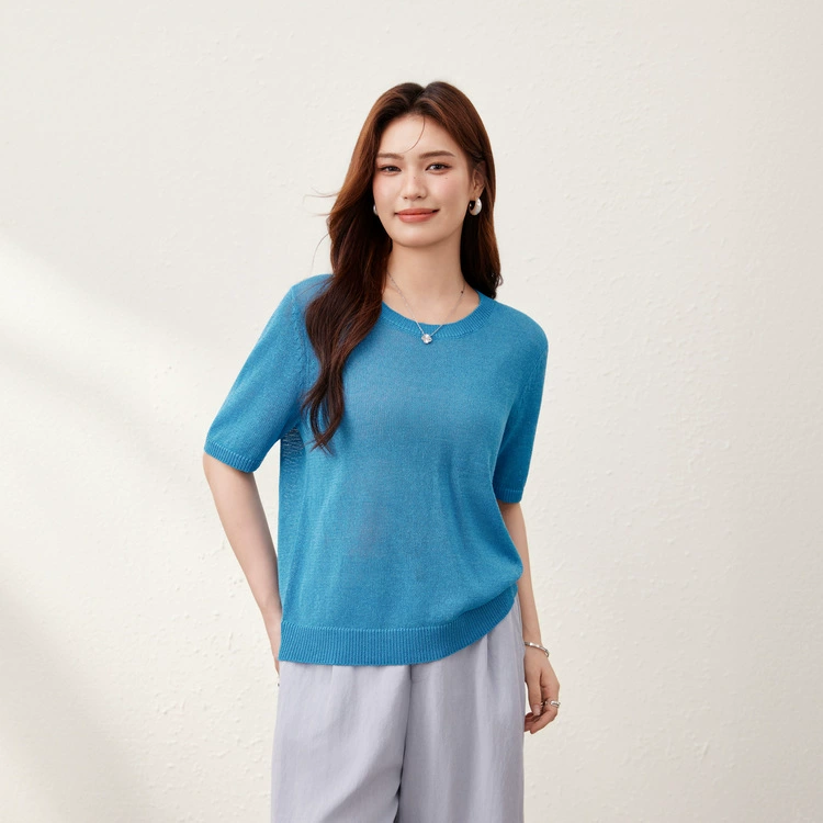 [Повседневный однотонный удобный мягкий трикотаж с круглым вырезом и короткими рукавами] Тонкий и красивый женский летний новый стиль больших размеров для полных мм