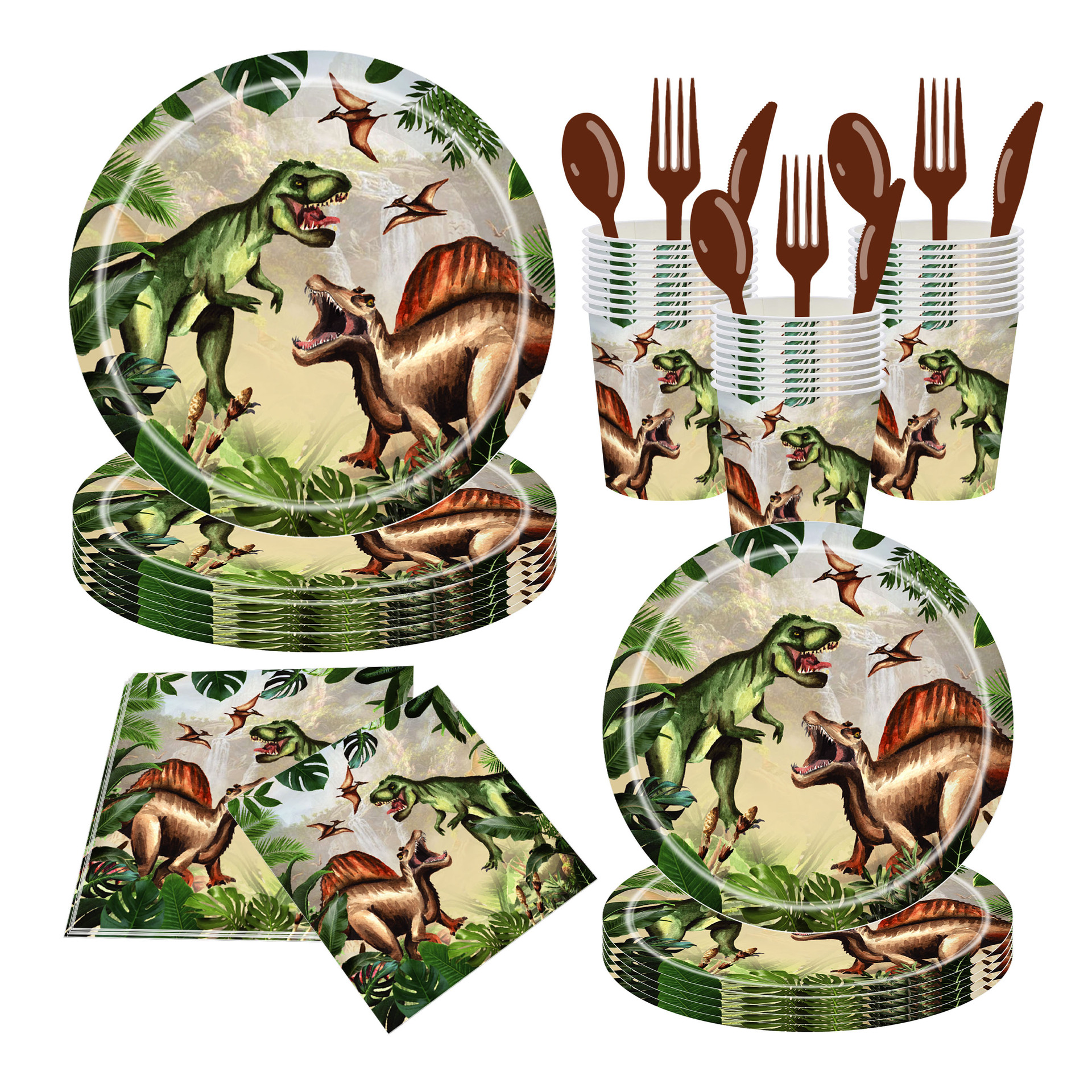 Platos de papel transfronterizos Dinosaurios Tema jurásico Suministros de fiesta de cumpleaños Platos de papel Taza de papel Juego de vajilla desechable