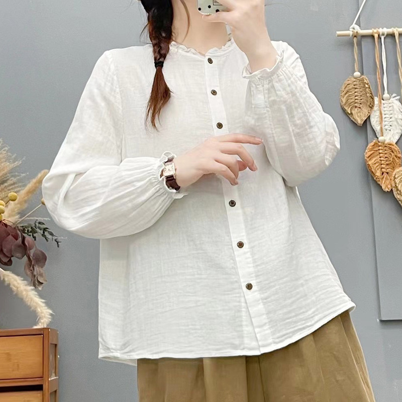 洋气女士衬衫春秋新款木耳领双层棉纱文艺减龄宽松简约纯色衬衣|undefined