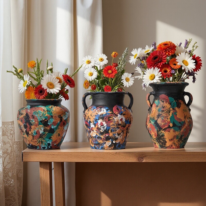 Vintage Oil Painting Hand-Painted Flower Pots and Vases, Red Pottery, Coarse Pottery, Breathable, Unglazed, Vintage Green Plant Flower Pots, Creative Ornaments Vintage Oil Painting Hand-Painted Flower Pots and Vases, Red Pottery, Coarse Pottery, Breathable, Unglazed, Vintage Green Plant Flower Pots, Creative Ornaments