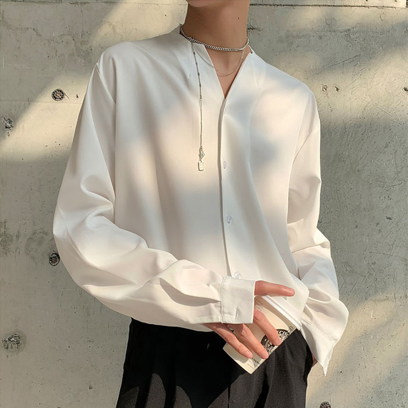 Youth Versatile Trendy Collarless Shirt for Men with a Unique Design, Long-Sleeve Stylish Shirt for Street Fashion, Men's Spring and Autumn Wear