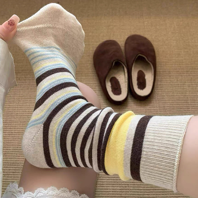 Korean-Style Retro Mori-Style Color-Blocking Striped Mid-Calf Socks for Women, Autumn and Winter Birkenstock Shoe-Friendly Seamless Slouch Socks Wholesale Korean-Style Retro Mori-Style Color-Blocking Striped Mid-Calf Socks for Women, Autumn and Winter Birkenstock Shoe-Friendly Seamless Slouch Socks Wholesale