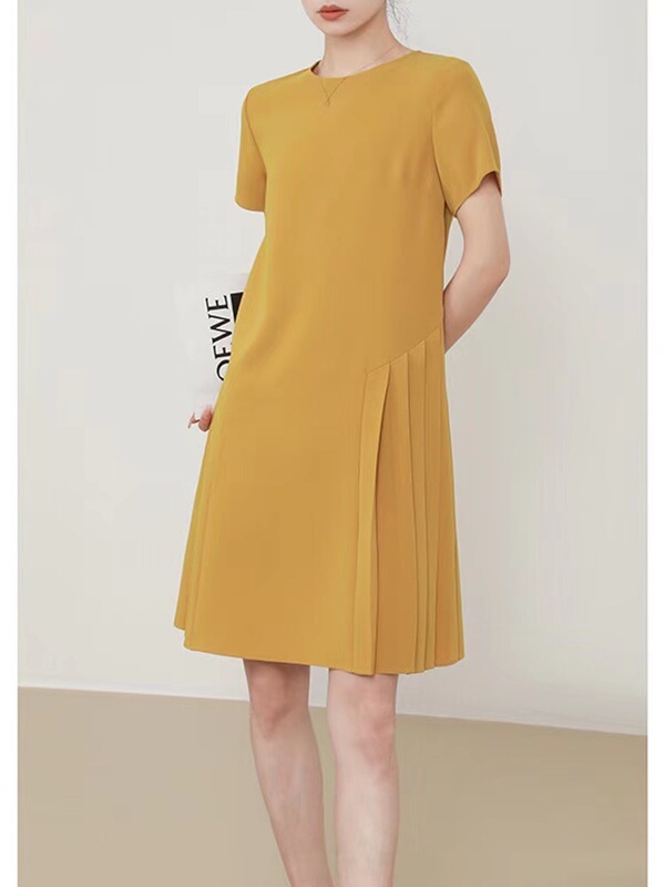 23 summer new triacetate thin pleated age-reducing high-grade light luxury round neck doll skirt solid color dress