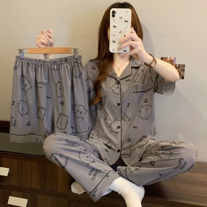 Pijamas de alta gama para mujer, conjunto de tres piezas con cárdigan a rayas de manga corta para verano, se puede usar en exteriores, conjunto de ropa para el hogar para primavera y otoño de 2025