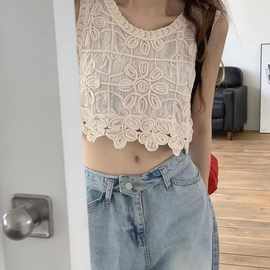 韩国东大门代购立体盘线钩花不规则短款露脐外穿背心上衣女