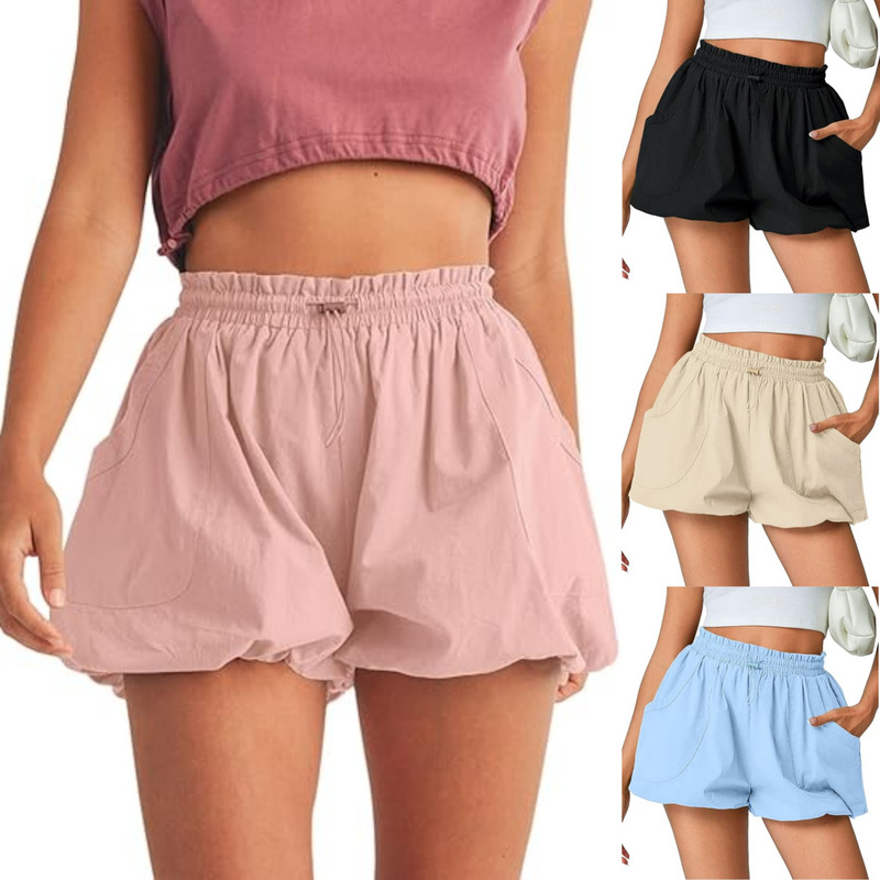 Cross-border Europe and America Amazon Women's Summer Bubble Shorts Casual High Waist Exercise Fluffy Lantern Pants with Pocket