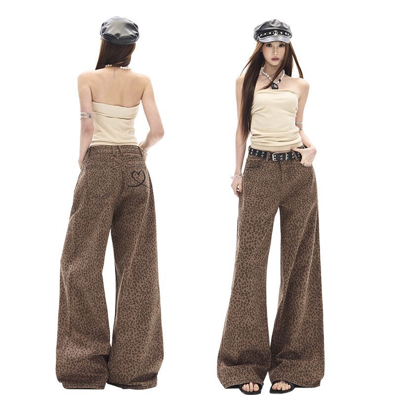 In-Stock Wholesale Heart Embroidery Vintage Low-Saturation Leopard Print American High Street Wide-Leg Loose Jeans Long Pants Plus Size