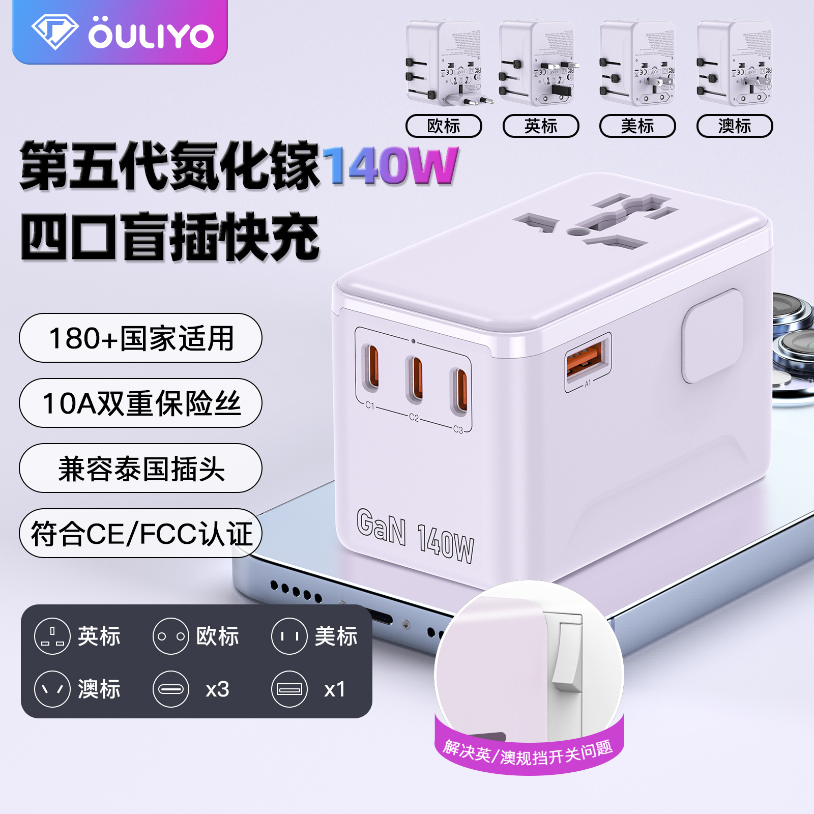 严选新品PD140W旅行转换插座快充头多口充电器多功能旅行转换插头