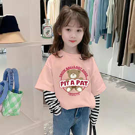 G2158#女童中大童假两件长袖T恤春秋装2025新款上衣纯棉打底衫潮