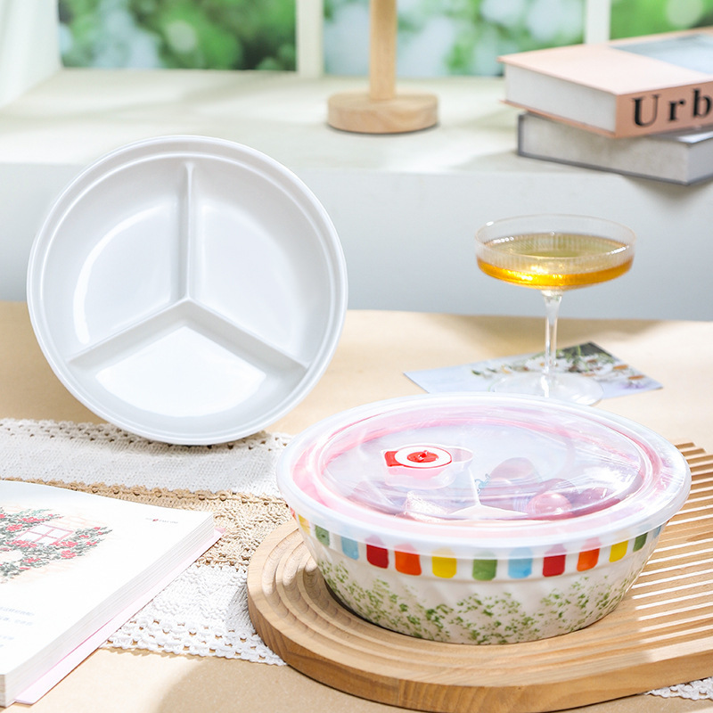 Household underglaze ceramic three-compartment bowl for office workers and students, a weight-reducing, portion-controlled tableware, microwave-safe, with a lid