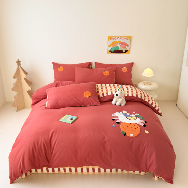 Fresh and Stylish 2026 New Model All-Cotton Thickened Brushed Towel Embroidered Fashionable Four-Piece Set in Cartoon Style with the Motif "Mã Đáo Chanh Công" (Good Luck Comes Quickly)