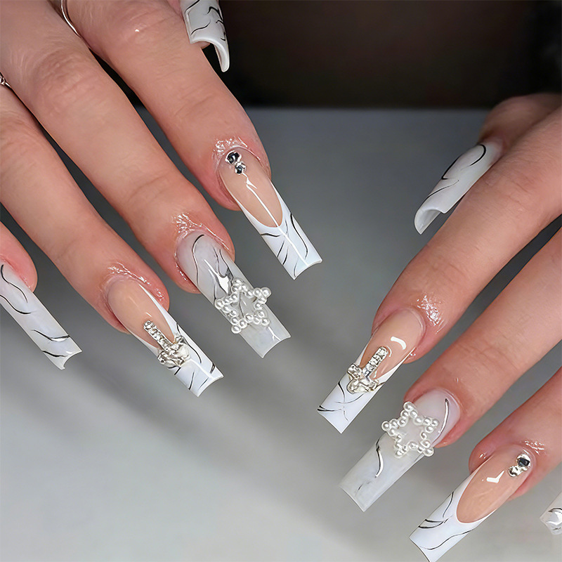 Cross-Border Popular European and American Style Press-On Nails White Five-Pointed Star Rhinestone Nail Art Long Coffin Nails French Cross Design