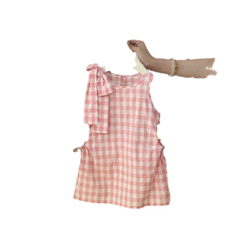 [Xianning Seven] Verano para niñas nuevo estilo rosa y blanco lazo chaleco falda bebé estilo occidental vestido coreano marea