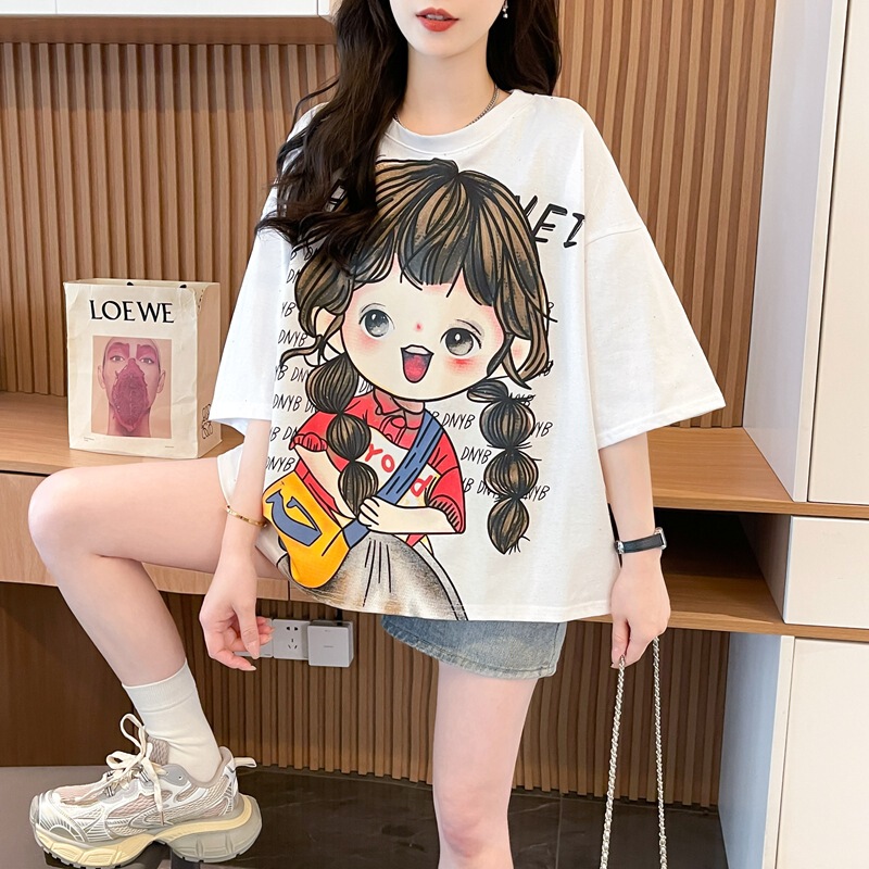 Summer Loose Oversized Cartoon Youthful Short-Sleeve T-Shirt for Women Korean Fashion Trendy Street Style Half-Sleeve Top Ins