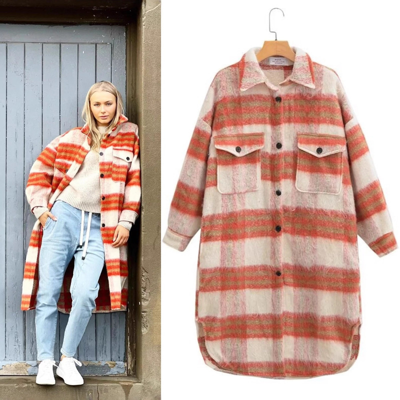 Za Export Cross-Border Spot Wholesale European and American Style Women's Autumn and Winter Popular Fashion Woolen Plaid Outwears