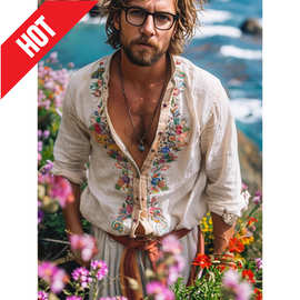 跨境欧码民族风复古休闲男士上衣开领绣花衬衫