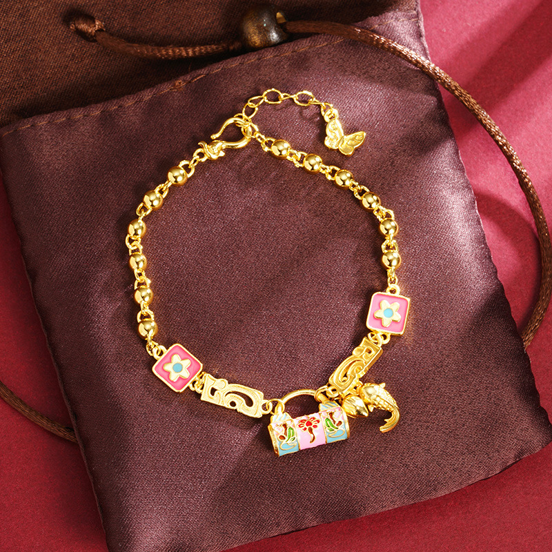 Nueva pulsera de oro antiguo estilo palacio esmalte flor cerradura bolsas Koi cuentas de brazalete de joyas de mano de mujeres étnicas