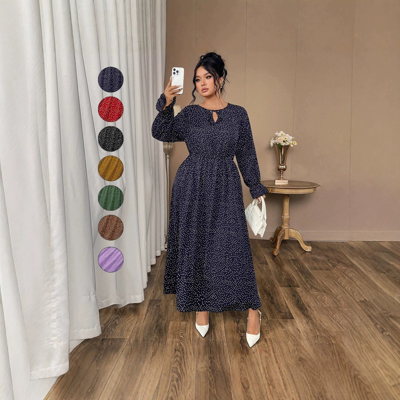 Cross-border plus-size polka dot long-sleeve dress for women, round neck, small cut-out, waist-cinching, loose-fitting, slimming, casual women's clothing