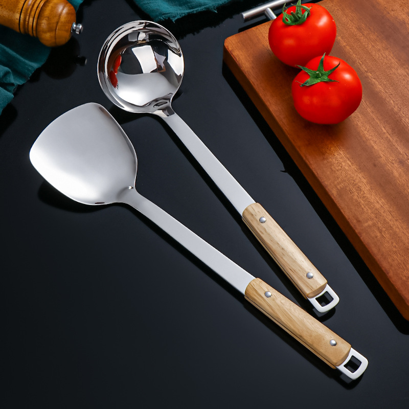 Utensilios de cocina de grano de madera de imitación creativa de acero inoxidable, cuchara de cocina, pala de cocina, pala de cocina, espátula doméstica, colador de avena, restaurante