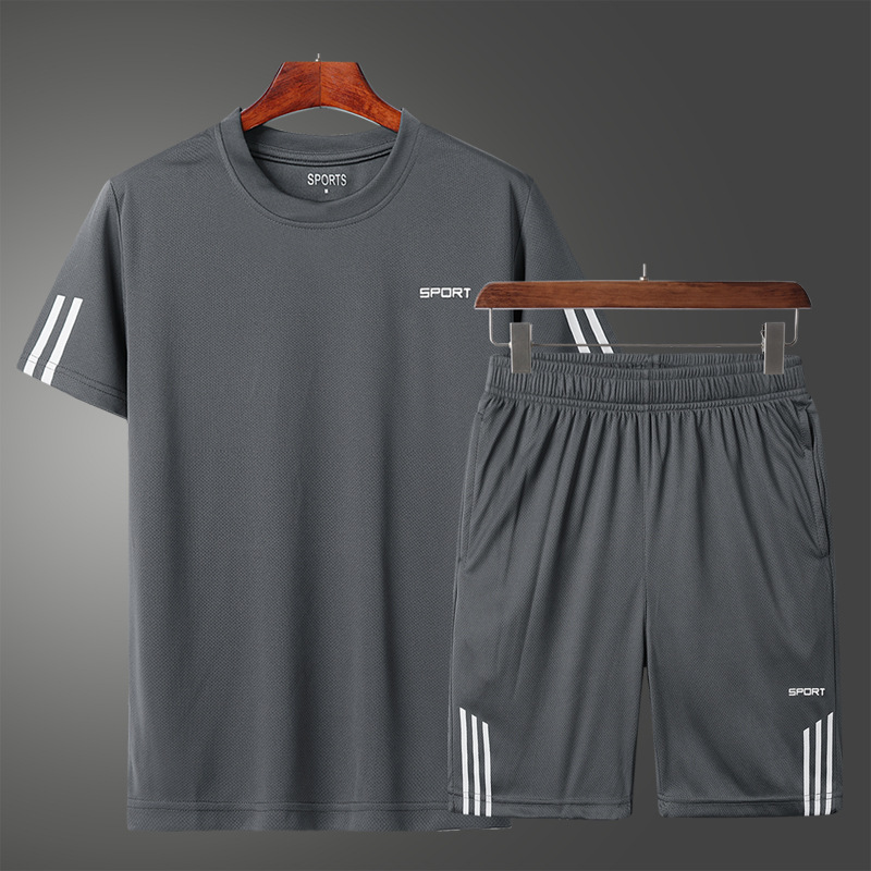 Trajes deportivos para hombres, hielo, correr, secado rápido, ropa de hombre, pantalones cortos de mangas cortas con una hermosa malla, un conjunto completo de ropa de verano.