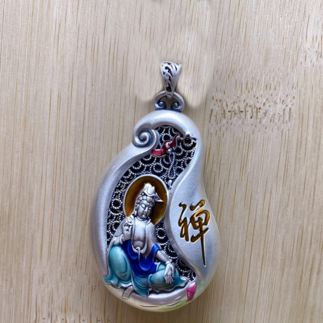 2023 new linlang color Guanyin Zen sterling silver pendant men's solid pendant hollow silver pendant necklace Bodhisattva pendant