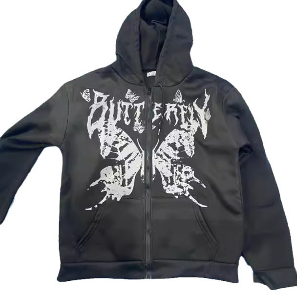 Men's Clothing Trendy Personality Butterfly Print Sweatshirt Men's High Street Fashion Brand Loose Casual Couple Hooded Cardigan_voghion.com