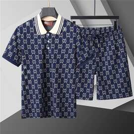 跨境G家polo衫翻领短袖套装百搭经典满印男女款高级感潮休闲薄款