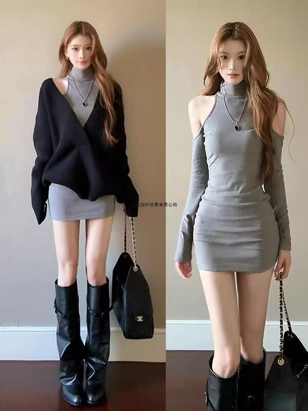 Women's 2026 Autumn Pure Desire Style V-Neck Long Sleeve Knitted Cover-Up Top and Long Sleeve Dress Two-Piece Set Women's 2026 Autumn Pure Desire Style V-Neck Long Sleeve Knitted Cover-Up Top and Long Sleeve Dress Two-Piece Set