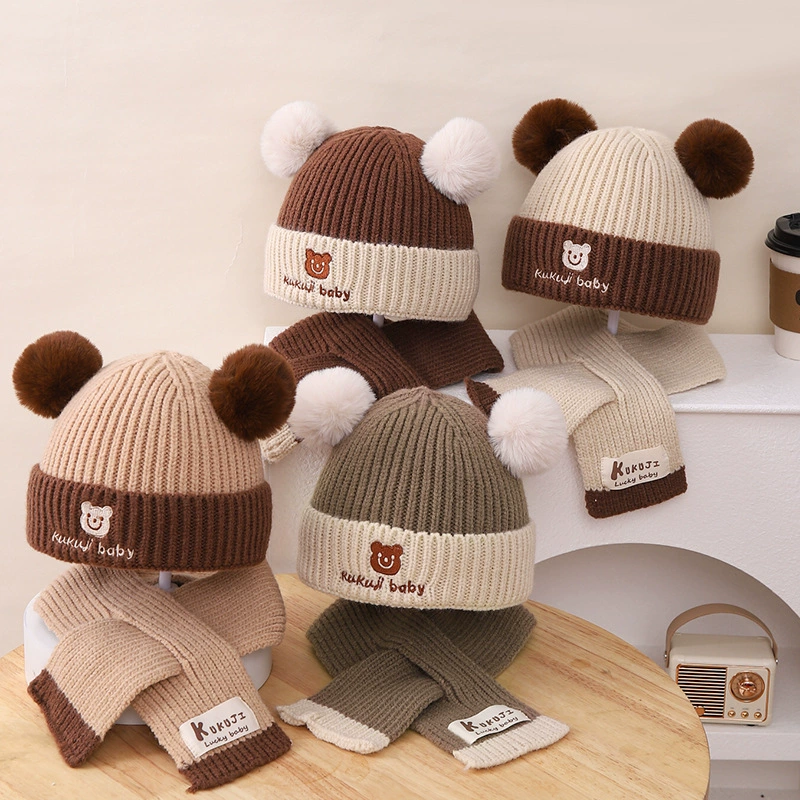 Children's Knit Hat & Scarf Set - Thick Demi-Season Warmth, Bear Patch, Cozy Knit, Color Options