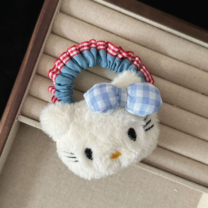 可爱蓝色格子猫咪牛仔发圈日系甜美高颜值少女风马尾发绳发饰批发|undefined