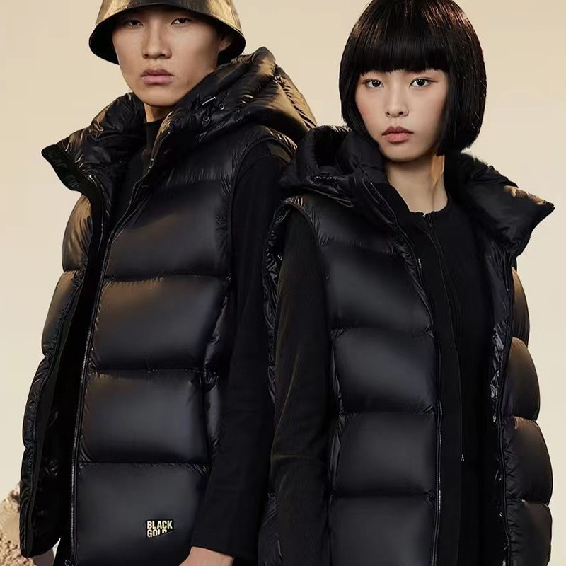 New Black Down Vest for Men and Women All-match Thickened Short Hooded Trendy Gold Letter Printed Back Jacket